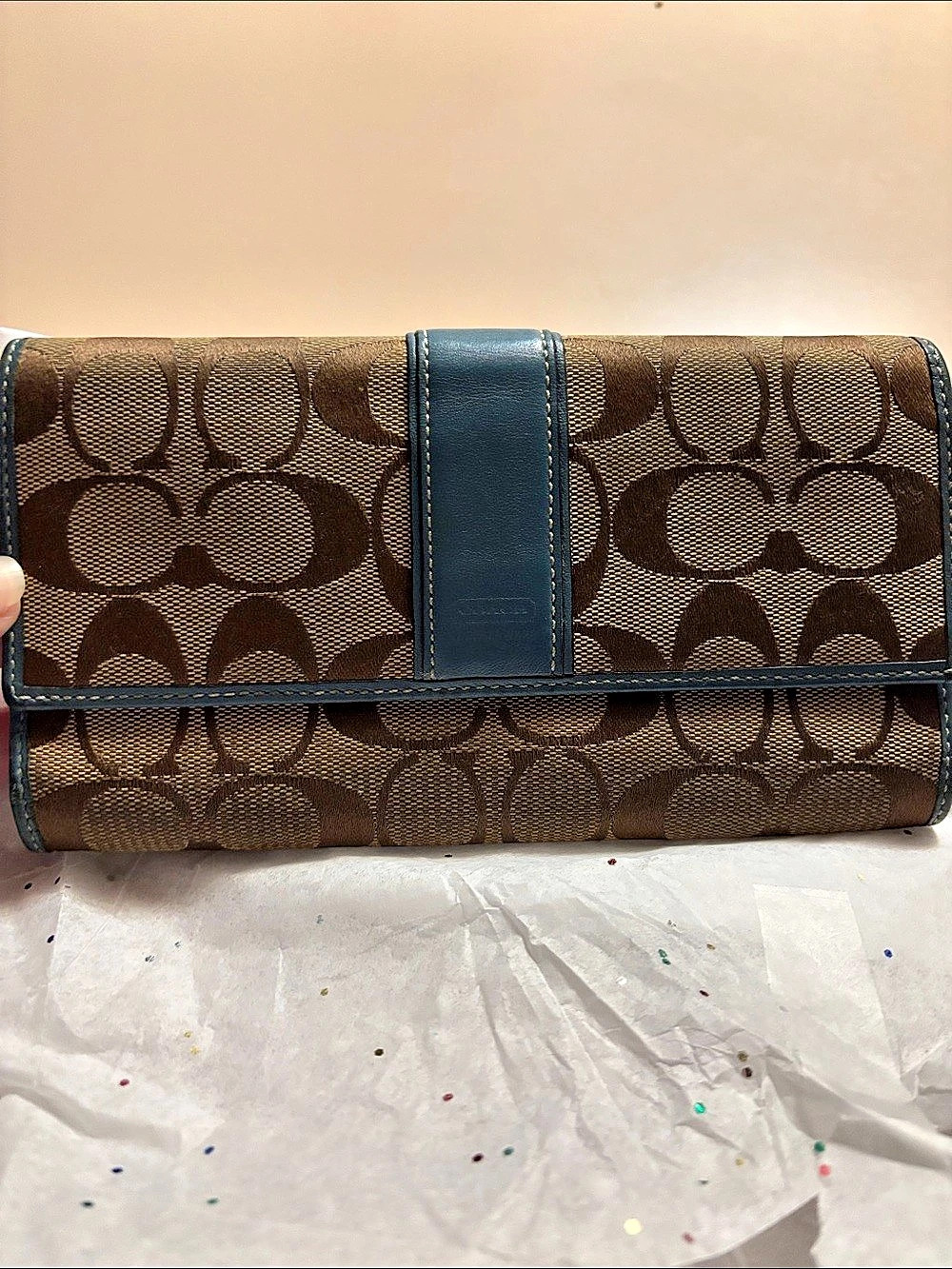 COACH Soho Signature Buckle Trifold Wallet Brown & Blue